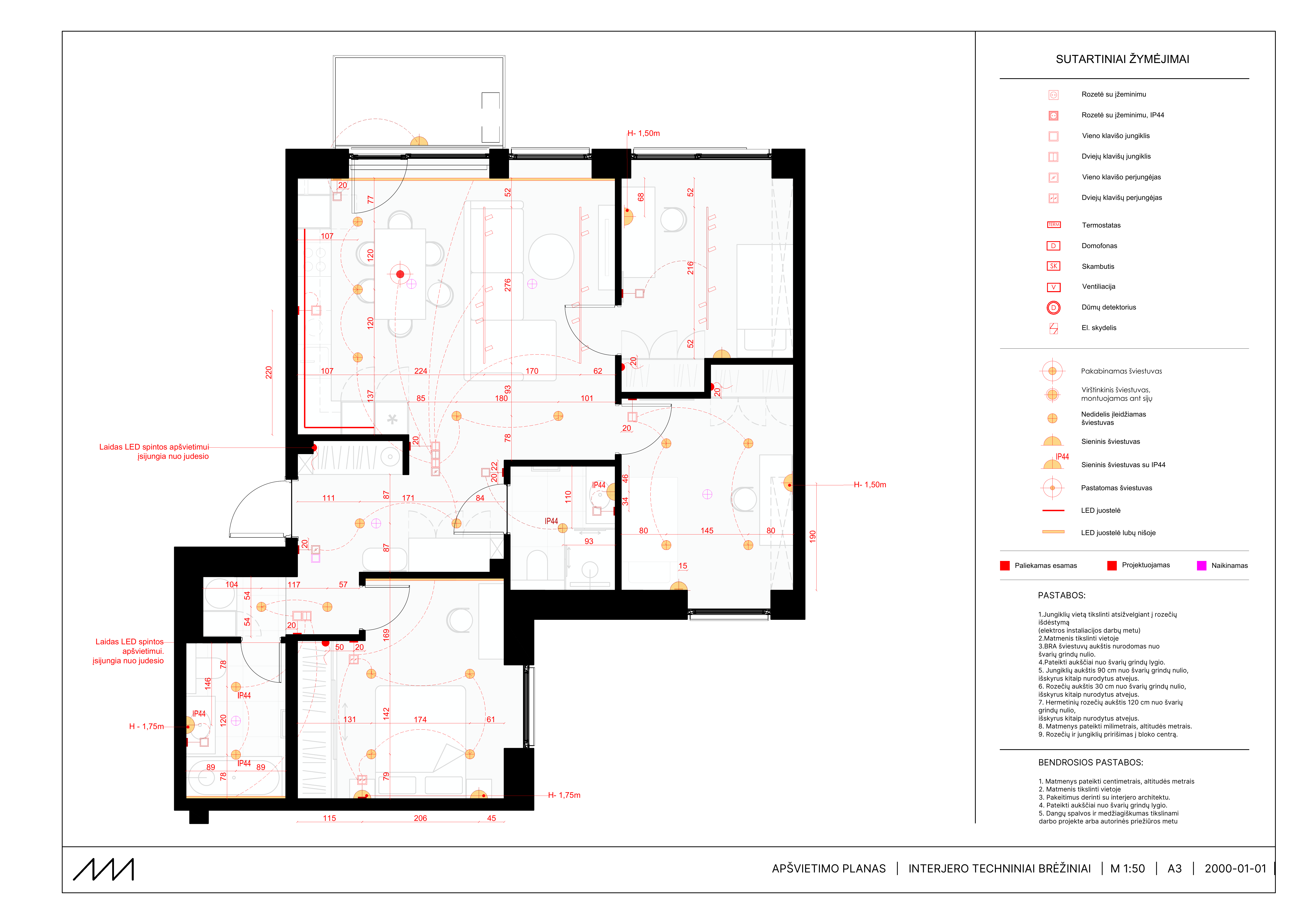 Apšvietimo planas / lubų planas — pavyzdys